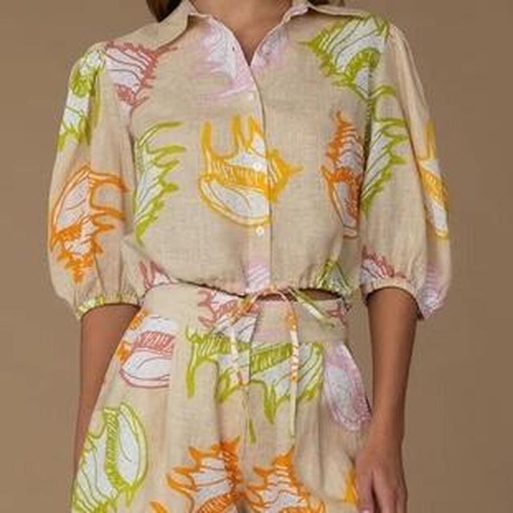 Elizabeth James The Label Linen Colorful Shell Print Coastal Beach Blouse Small